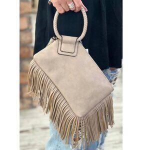 NWT Taupe Fringe Vegan Leather Wristlet Clutch | Soft Faux Leather Zip Pouch